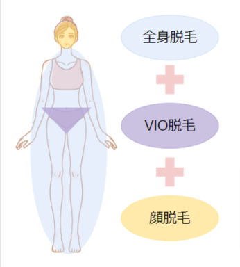 全身+VIO+顔脱毛の照射範囲を表す画像